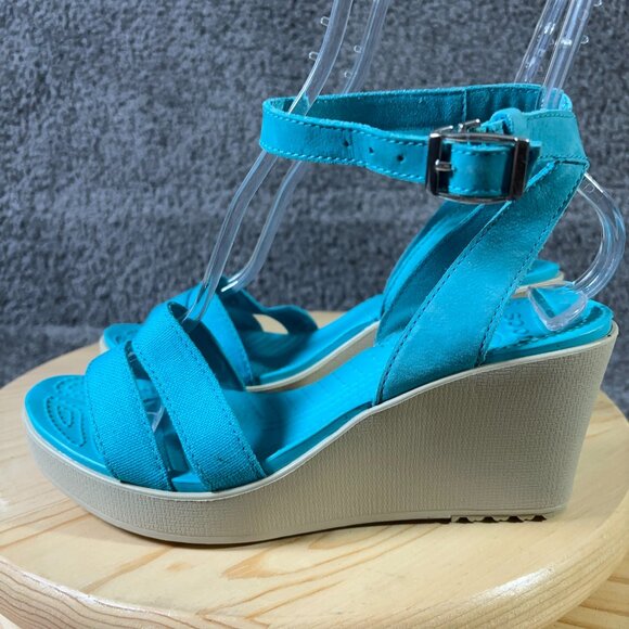 Crocs Leigh II Sandals Womens Size 9 Suede Turquoise Strappy Wedge Heel Shoes - Picture 1 of 9